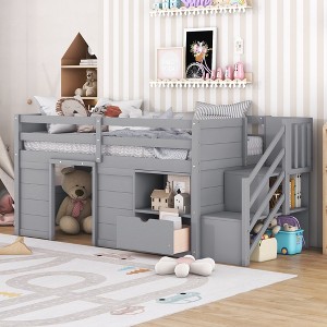 JUJABU Solid Wood Twin Size Low Loft Bed with Staircase, Drawer, and Storage Shelf - 1 of 4