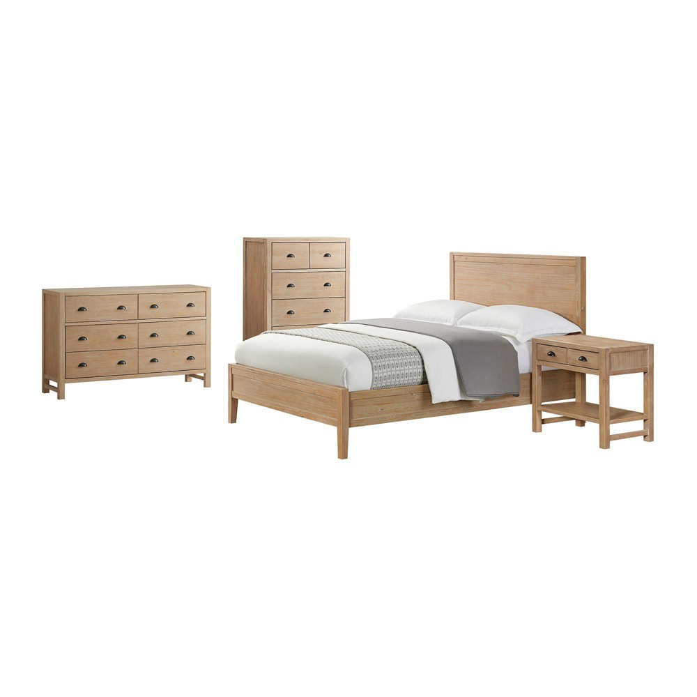 4pc Queen Arden Wood Bedroom Set with 2 Drawer Nightstand with Open Shelf Light Driftwood - Alaterre Furniture