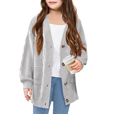 Girls Cable Knit Sweater Cardigan Front Button Cardigan with Side Pockets Above Knee Cardigan for Girls Winter Knitwear,Gray - L