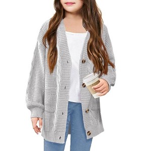 Girls Cable Knit Sweater Cardigan Front Button Cardigan with Side Pockets Above Knee Cardigan for Girls Winter Knitwear,Gray - S - 1 of 4
