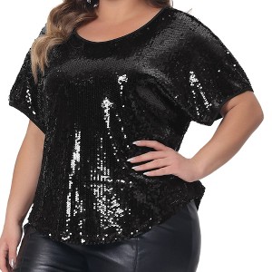 Agnes Orinda Women's Plus Size Allover Sparkle Sequin Glitter Short Sleeve Dressy Party Club Night Blouses - 1 of 4