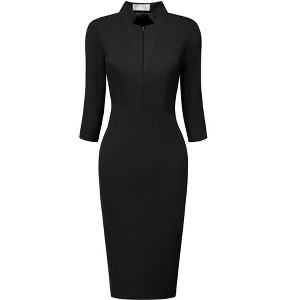 Hobemty Women's Business Stand Collar Zipper Neck 3/4 Sleeve Pencil Dresses - 1 of 4