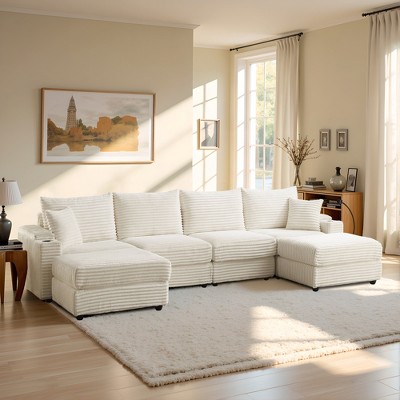 MYINDA 133.8'' Corduroy Deep Seat Sectional Sofa, Thick Padded Multi-Person Sofa with Storage Armrests, USB and Cell Phone Holder
