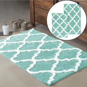Home Mart Goods Blue 2 Piece Trellis Plush Soft Cozy 100% Cotton Bath Mat Set - 1 of 3