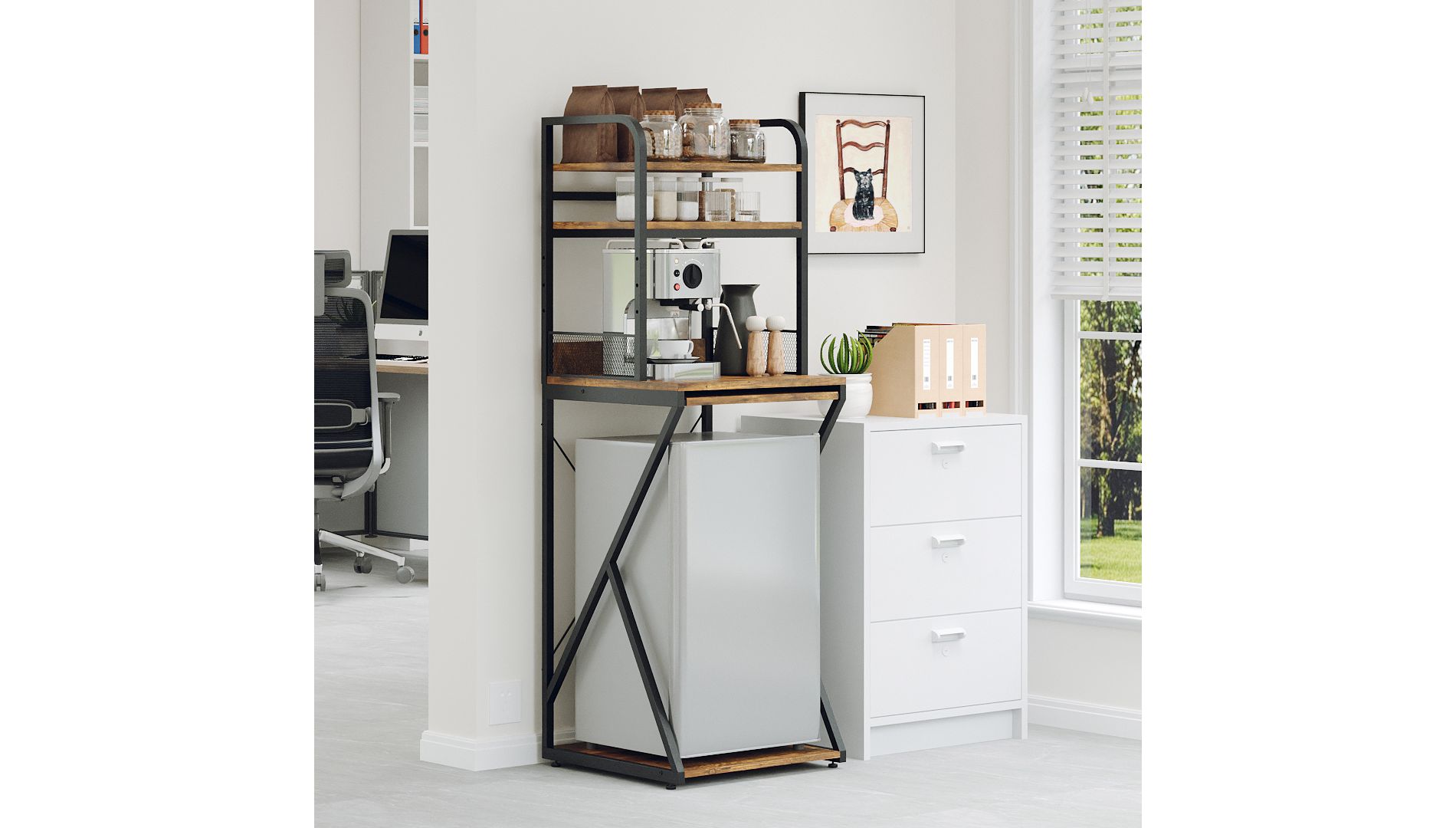 4-Tier Mini Shelf with Power Outlet and Storage – Mini Fridge Stand, Microwave Oven Stand Table, Bar Cabinet, for Kitchen, Living Room, Office