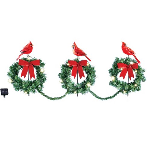 Collections Etc Set of 3 Cardinal Wreath Christmas Path Stakes with Solar Powered Lights - image 1 of 2