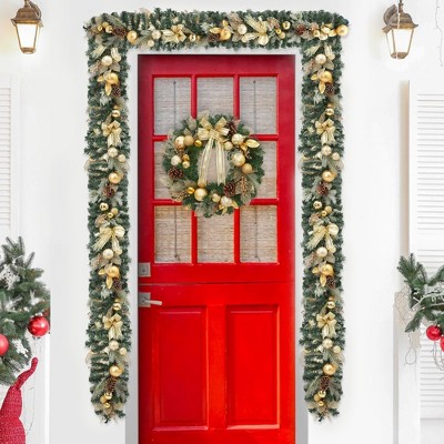 Artificial Xmas 6Ft Garland,  Christmas Garland with 20 LED Lights, Rattan Christmas Decoration with Gold Bows, Ball Ornaments, Pine Cones