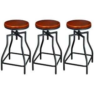 eHemco Industrial Adjustable Swivel Metal Kitchen Counter stool with Wood Veneer Seat, Rustic Brown and Black, Set of 3 - 1 of 4