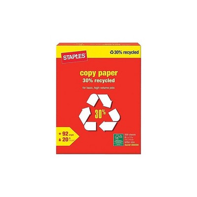 Staples 30% Recycled 8.5" x 11" Copy Paper 20 lbs 92 Brightness 500/RM 492071