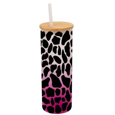 Elanze Designs Giraffe Animal Print Wrap-Around Design 25 Ounce Frosted Gradient Glass On-The-Go Coffee Travel Skinny Tumbler Mug Cup, Bamboo Lid and