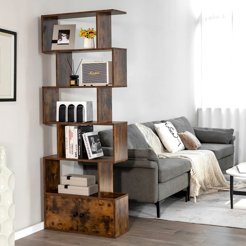 Costway 1 PC Bookshelf w/Cabinet 6-Tier S-Shaped Bookcase Storage Rack Rustic Brown\White, 5 of 11