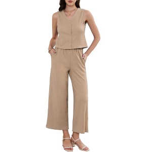 INSPIRE CHIC Women's Button Vest High Waist Pockets Textured Dressy Lounge Pants 2 Piece Suit Set - 1 of 4