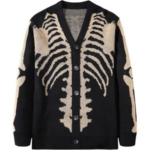 Men's Casual Skeleton Print Cardigan, V - Neck Button - Down Knitted Sweater for Daily Wear - 1 of 1