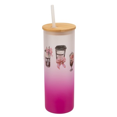 Elanze Designs 25 Ounce Frosted Glass Gradient Travel Tumbler With Straw and Wooden Lid, Coffee Drinks and Bows Pink