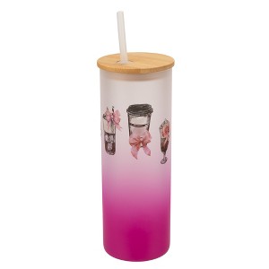 Elanze Designs 25 Ounce Frosted Glass Gradient Travel Tumbler With Straw and Wooden Lid, Coffee Drinks and Bows Pink - 1 of 1