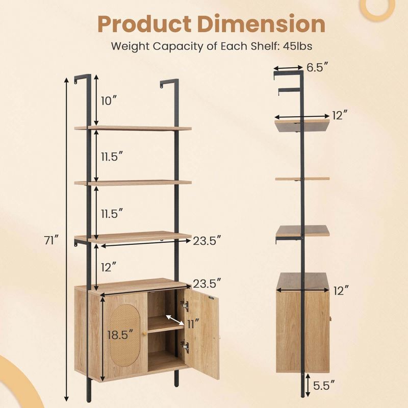 Costway 1/2 PCS Ladder Bookshelf with Rattan Cabinet 71" Tall Wall Mounted Bookcase Natural, 3 of 11