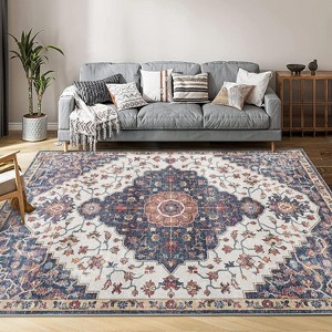 Ft Machine Washable Area Rug, Non-Slip Non-Shedding Vintage Rug for Living Room, Low Pile Oriental Medallion Floral Carpet, Indoor Foldable - 1 of 4