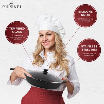 15-Inch Black Cast Iron Skillet with Glass Lid and Silicone Handle