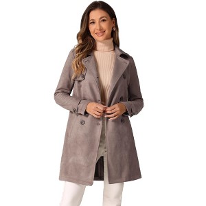 Allegra K Women's Notched Lapel Double Breasted Faux Suede Trench Coat with Belt - 1 of 4