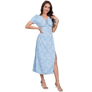 Women's Adjustable drawstring V Neck Short Sleeve Floral Dress Midi Dress With Slit - 1 of 4