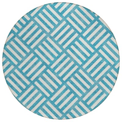 Teal Blue And Ivory Geometric Washable Indoor Outdoor Area Rug