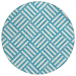 Teal Blue And Ivory Geometric Washable Indoor Outdoor Area Rug - 1 of 4