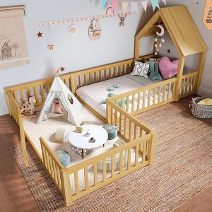 Okak Twin/Full House Floor Bed Frame with Door & Full-length Guardrails,Solid Wood Double Bed for Kids,No Spring Box Needed - 1 of 4