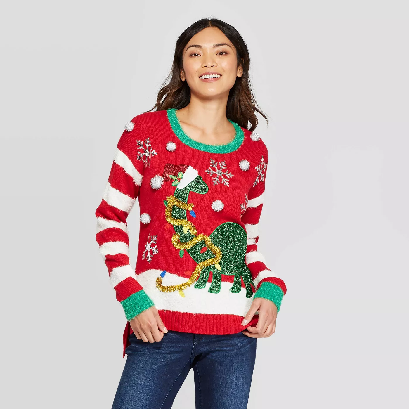 Women's Dinosaur Long Sleeve Ugly Holiday Sweater - 33 Degrees (Juniors') - Red - image 1 of 2
