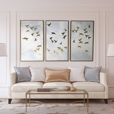 Golden Birds Triptych Floating Framed Canvas Wall Art