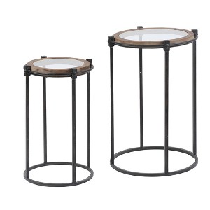 LuxenHome 2-Piece Metal and Glass Round Accent Drink Table. Brown - 1 of 4