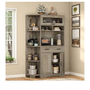 Tall Wood Pantry Cabinet with Adjustable Shelves and Drawers, Freestanding Organizer, Versatile Storage for Kitchen, Dining, or Living Room, Grey - 1 of 4