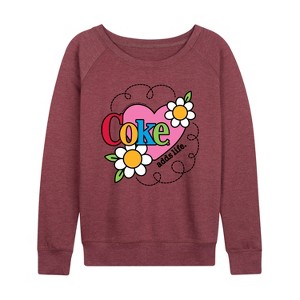 Women's - Coca-Cola - Coke Adds Life Heart Flower Lightweight French Terry Wide Neck Long Sleeve Shirt - 1 of 4