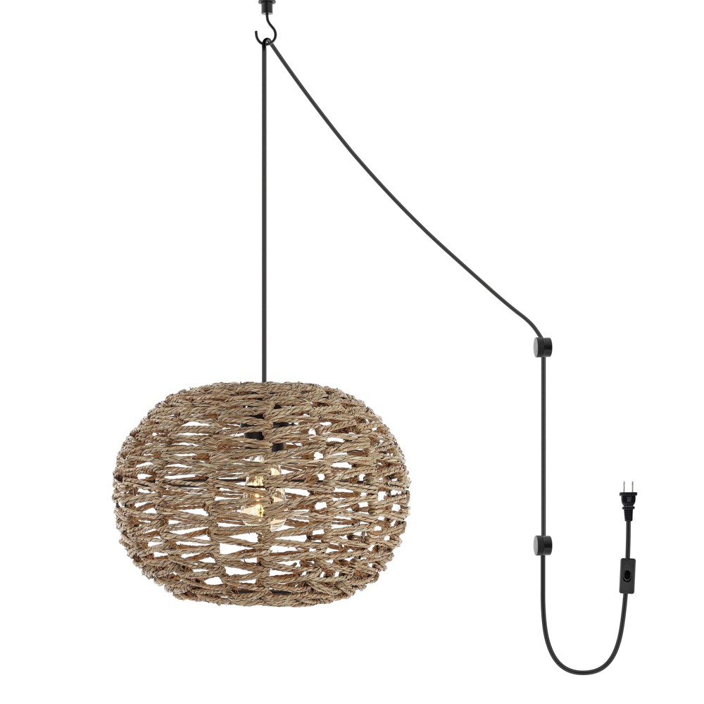 14" 1-Light Isla Farmhouse Coastal Rattan LED Pendant Brown - JONATHAN Y: UL Listed, Adjustable Height, Metal Body