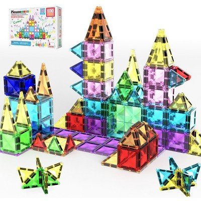 PICASSO-TILES Magnetic Tiles For Kids, 100PCS Construction STEM Building Blocks Educational Toy, Travel Size