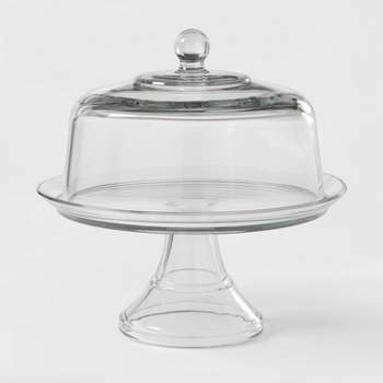 Cake Stand with Dome Glass Wooden Round Stand Holder Multipurpose Platter  C1