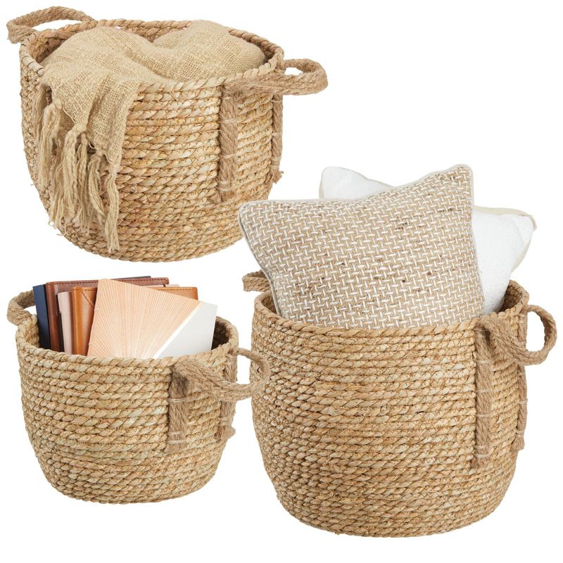 mDesign Round Seagrass Woven Storage Basket with Handles - Set of 3, 1 of 9