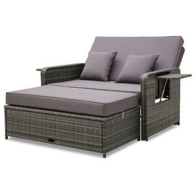 Tangkula Patio Daybed Set Rattan Loveseat Sofa Set w/ Adjustable Backrest Gray Cushions