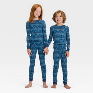 Kids' Hanukkah Ribbed Long Sleeve Shirt and Pants Holiday Matching Family Pajama Set - Wondershop™ Blue - 1 of 4