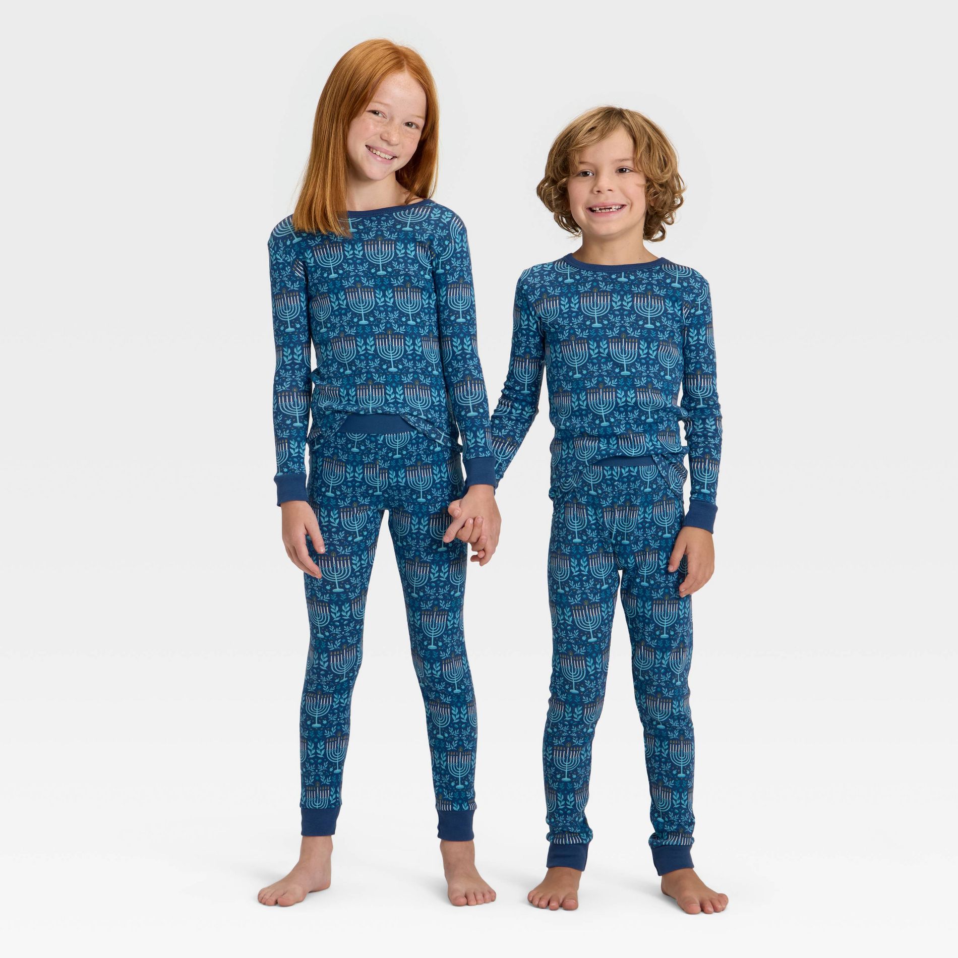 Kids' Hanukkah Ribbed Long Sleeve Shirt and Pants Holiday Matching Family Pajama Set - Wondershop™ Blue