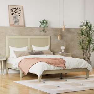 Angel Sar Solid Wood Queen Platform Bed with Rattan Headboard, Noise-Free Slats and Modern Natural Finish - 1 of 4