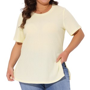 Agnes Orinda Women's Plus Size Textured Crew Neck Side Split Short Sleeve T-Shirts - 1 of 4