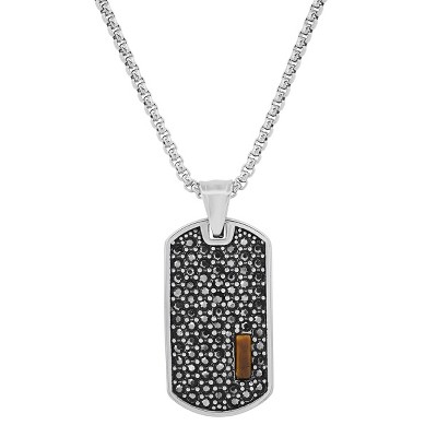Steeltime Men's stainless steel simulated diamonds and tiger eye/onyx dog tag pendant. Color Options: Silver/Brown, Gold/Brown, Silver/Black