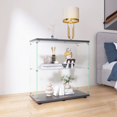 Two-door Glass Display Cabinet 2 Shelves with Door, Floor Standing Curio Bookshelf for Living Room Bedroom Office, 33.35"*31.69"*14.37",White