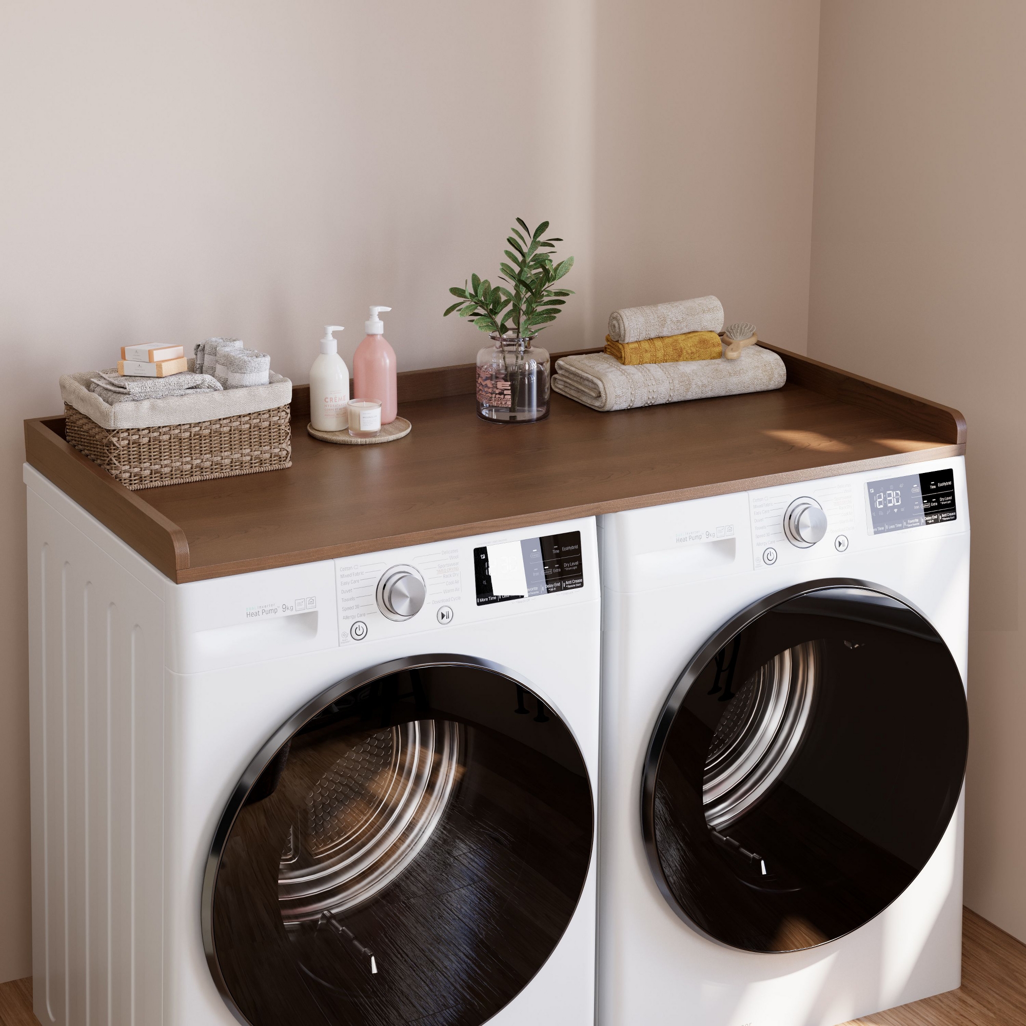Washer Dryer Countertop, 54" x 27.5" Wood Shelf Topper with Edge, Laundry Cover Guard Organizer for Hamper & Storage-Brown