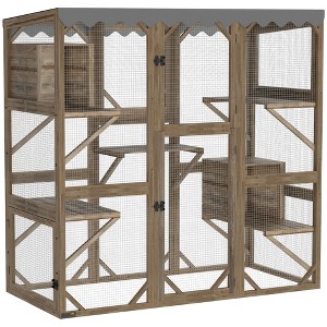 PawHut Catio Outdoor Cat Enclosure, Wooden Cat House with Window Access, 5 Platforms and 2 Resting Boxes, Waterproof Roof for Multiple Cats, Brown - 1 of 4