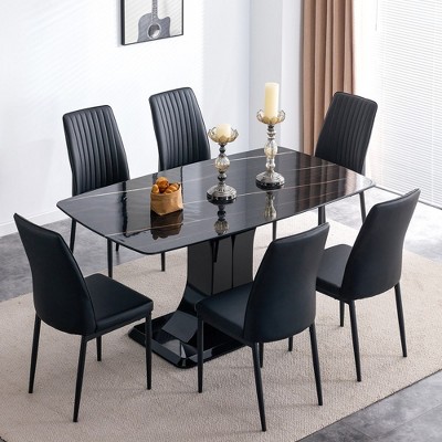 Dining Table Set With 6 Dining Chairs Breakfast Table Set Faux Marble Dining Table Set Luxury Rectangular 6-8 Person Table For For Kitchen Restaurant