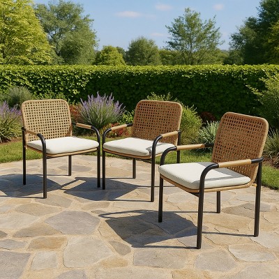 3-Piece Outdoor Dining Chairs Set,Rattan Backrest,All-Weather Wicker Chairs with Removable Cushions for Garden and Porch - The Pop Home