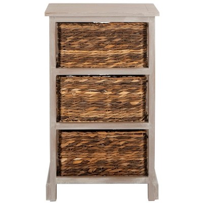 Transitional Brown Pine Wood Rectangular Side Table with 3 Wicker Baskets
