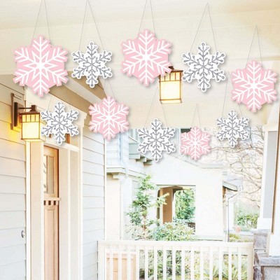 Big Dot of Happiness Hanging Pink Winter Wonderland - Outdoor Snowflake Birthday Party or Baby Shower Hanging Porch & Tree Yard Decor - 10 Pieces