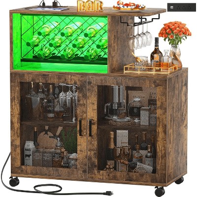 Aheaplus Wine Bar Cabinet with Wine Rack and Glasses Rack, Coffee Bar with Charging Station and Wheels